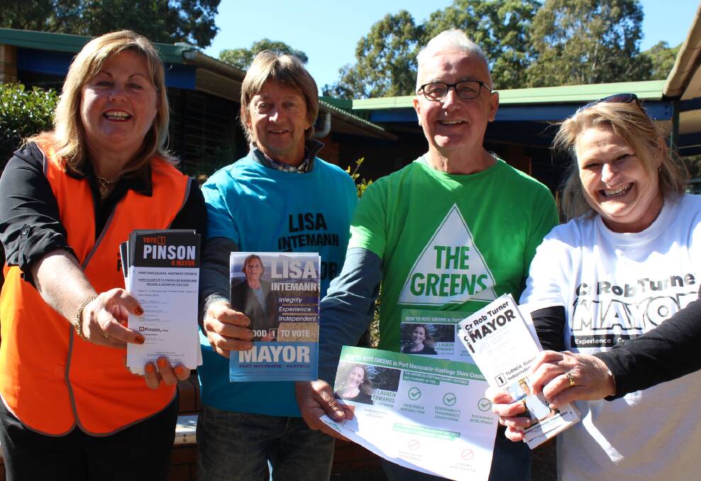 Supporters: Maureen Churnside, Kingsley Searle, Mick Hall, Deb Burghardt with how to vote material at the July 29 mayoral by-election.
