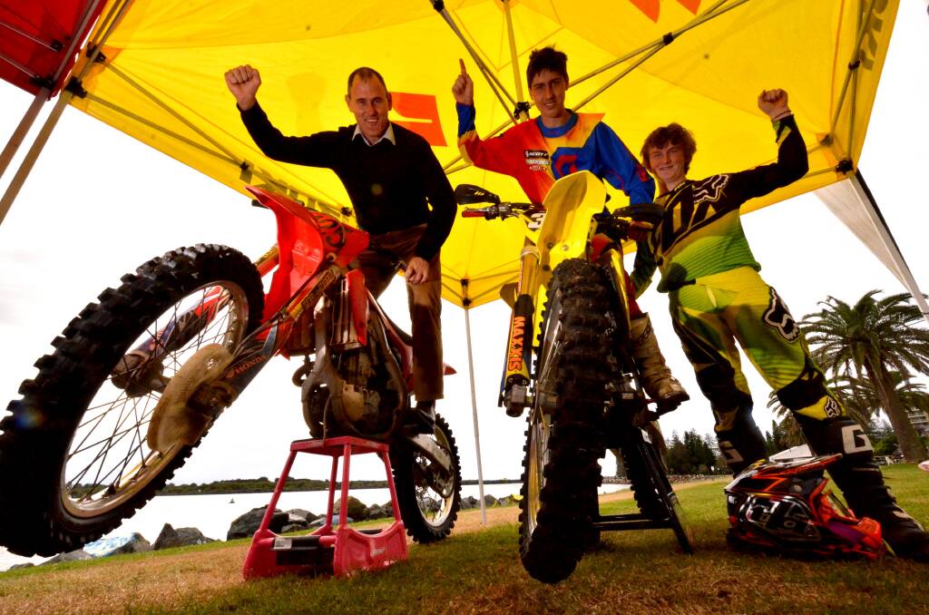 Need for speed: Port Macquarie-Hastings mayor Peter Besseling with riders Matt Prott and George Steel at the NSW Motocross Titles launch last week.