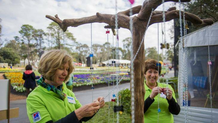 Remembering: RSPCA volunteers Sue Jose and Judy Nowland at Floriade putting pets tags a memorial tree for people whose pets have died. Photo: Jay Cronan