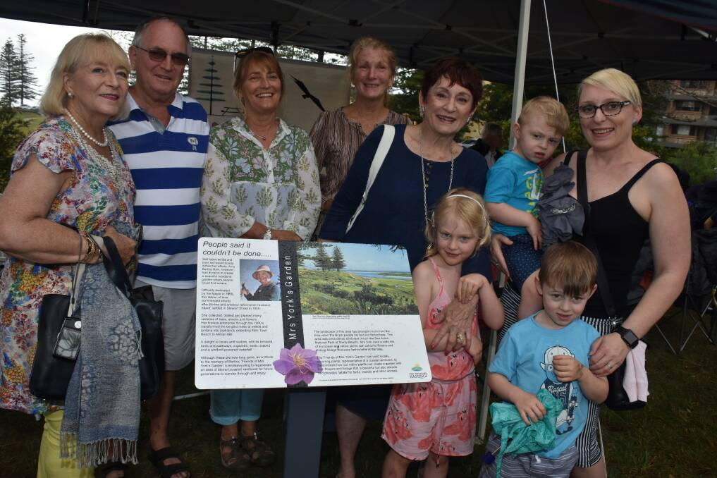 Mrs York's Garden grows: Members of Mrs York's family Beth and Paul Midson, Melissa Darnley, Glenys Pearson, Julie Midson-York, Celeste Kirby-Brown, with great grandchildren Aisha, Arlo and August, at the official opening.