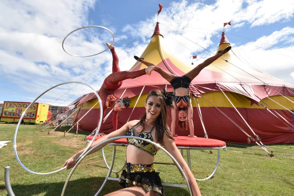 In a spin and a twist: Contortionist Keira Valencia, trapeze artist Cassie Millard and chair hand Balance Acacia Teixeira from Lennon Bros Circus. Pic: NIGEL?McNEIL