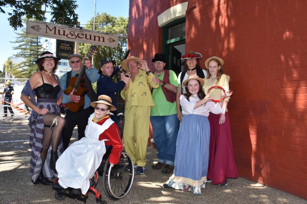 Scurvy lot: This band of misfits and convicts - Melissa Halls, Vince Wolters, Matt Godard, Graham Strachan, James Kennedy, Greta Warner, Mckinley Halls, Natasha Godard and at front, Victoria Godard - are ready to entertain visitors to the Port Macquarie Historical Museum on Sunday.