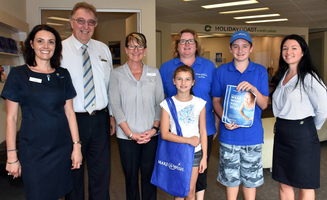 Making a difference: Holiday Coast Credit Union workers Jo Hawkins, Neville Parsons, Vicki Clout with Make A Wish volunteers Peta Watters, Clayton Purkis and Hayley Purkis and Rachael Taylor-Klump from HCCU.