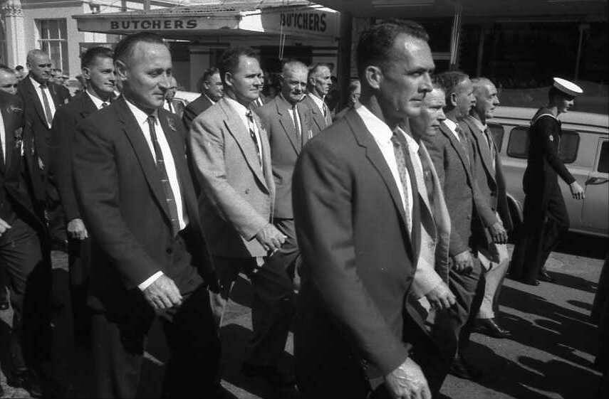 Returning soldiers: Returned service men march along Horton Street to the War Memorial, 1964.