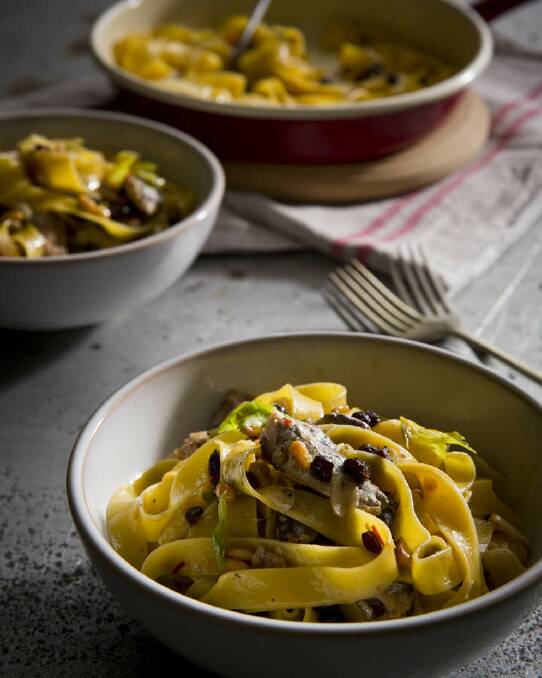 Karen Martini's tagliatelle with sardines, currants and pinenuts <a href="http://www.goodfood.com.au/good-food/cook/recipe/tagliatelle-with-sardines-currants-and-pinenuts-20131105-2wxz6.html"><b>(RECIPE HERE).</b></a> Photo: Marcel Aucar