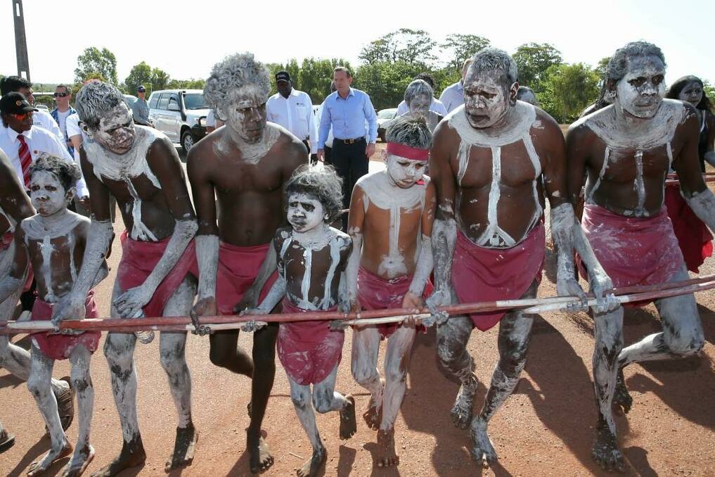 Tony Abbott during a welcome to country ceremony in Yirrkala, Arnhem Land. Photo: Alex Ellinghausen