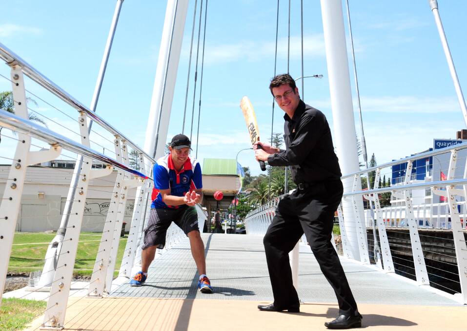 Captains on the bridge: Brad Baxter and Michael Pelley try out the deck ahead of the first grade grand final tomorrow and Sunday. The real match is set down for Laurieton Oval. 
  
Pic:?MATT?McLENNAN