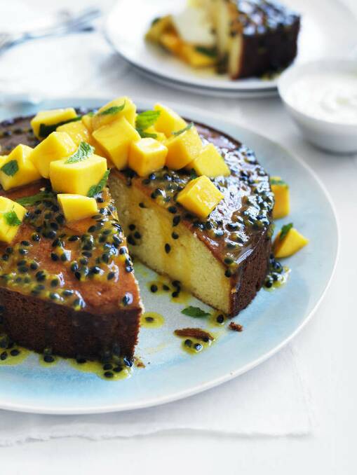 Neil Perry's passionfruit syrup cake with mango salsa <a href="http://www.goodfood.com.au/good-food/cook/recipe/passionfruit-syrup-cake-with-mango-salsa-20121112-297wo.html"><b>(recipe here).</b></a> Photo: William Meppem