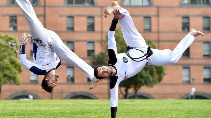 Andre Cerutti and Julio Chaves practise capoeira ahead of the Ritmo Brazilian Day at Darling Harbour later this month.
 Photo: Steven Siewert