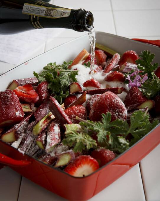 Karen Martini's roasted rhubarb and strawberries with rose geranium and prosecco <a href="http://www.goodfood.com.au/good-food/cook/recipe/roasted-rhubarb-and-strawberries-with-rose-geranium-and-prosecco-20141028-3j0vh.html"><b>(RECIPE HERE).</b></a> Photo: Marcel Aucar; Styling by Marnie 
