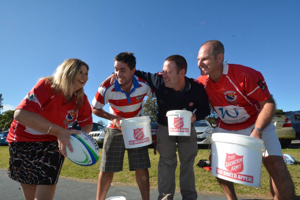 Crouch, bind, donate: The Westport Club's Jenny Edmunds, Wauchope Thunder's Aaron Robinson, The Salvation Army's Brett Gallagher and Port Pirates' Peter Gerathy will lead the way at tomorrow's Red Shield Rugby Round. The two Hastings sides have home games in their respective towns and will be collecting as part of the annual appeal. Pic: PETER GLEESON