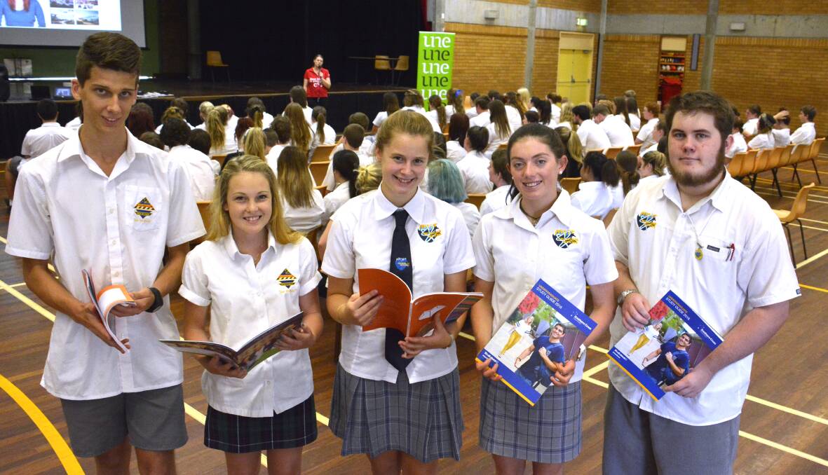 Discovery: These 2015 Hastings Secondary College Port Macquarie Campus students Jayden Smith, Annie McLeod, Shanley Porto, Harriet Crowley and Lachlan Fardy at last year's University Roadshow for advice on options available for tertiary education.