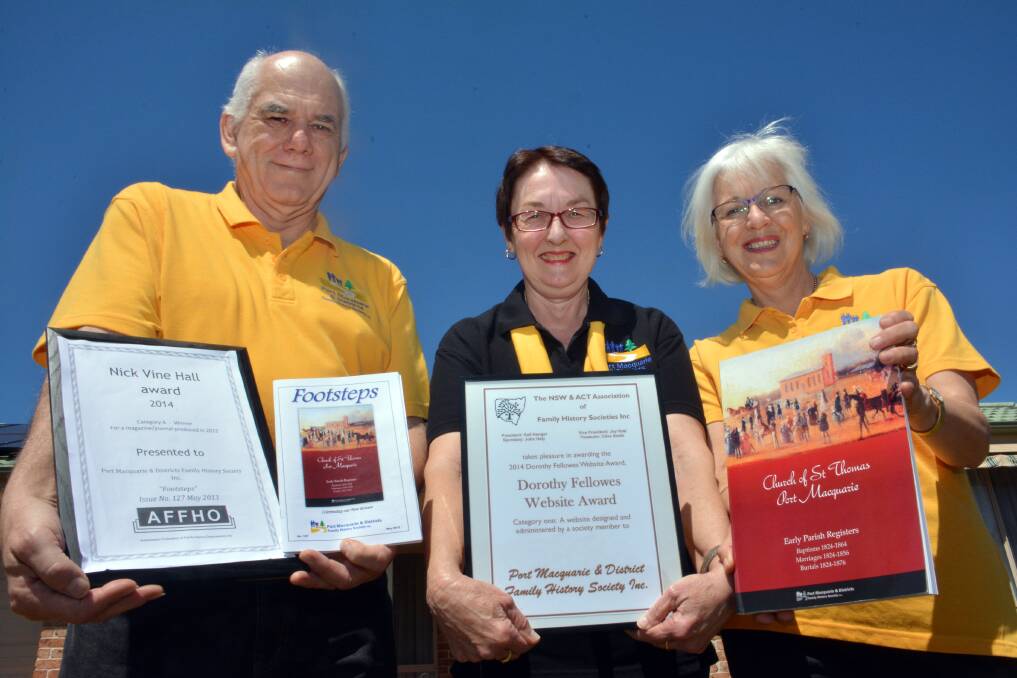 Much deserved: Port Macquarie & Districts Family History Society president Rex Toomey, publicity officer and web administrator Pauline Every, and membership secretary and conference coordinator Jennifer Mullin are thrilled with the three awards.