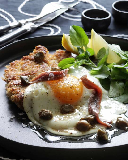 ANCHOVIES: Schnitzel Holstein topped with capers, anchovy and fried egg <a href="http://www.goodfood.com.au/good-food/cook/recipe/schnitzel-holstein-20111019-29ujc.html"><b>(Recipe here).</b></a> Photo: Marina Oliphant