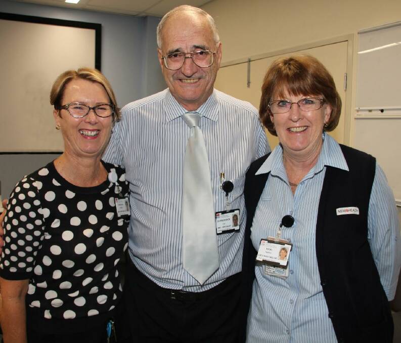 Fred's farewell function: Clinical nurse specialist Deborah Wallace and acute pain management nurse specialist Vicki Newton with their friend and colleague Dr Fred Lips.