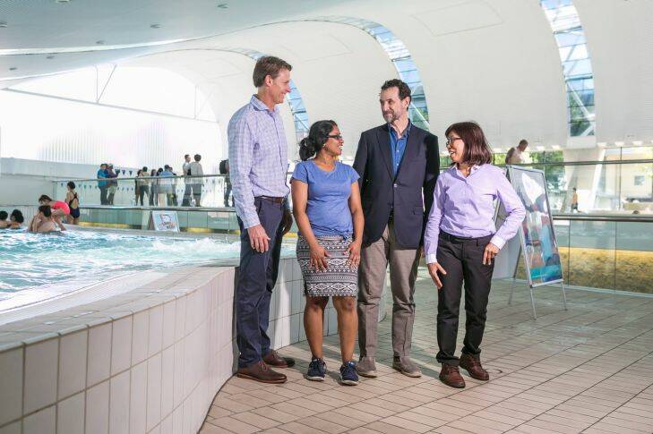 Justin Scarr of Royal Life Saving, Fiji delegate Devina Nand, Dr David Meddings of WHO and Thailand delegate Nipa Srichang visit Ian Thorpe Pool in Sydney as part of an international delegation visiting Australia to learn about drowning prevention. Photo by Sarah Keayes