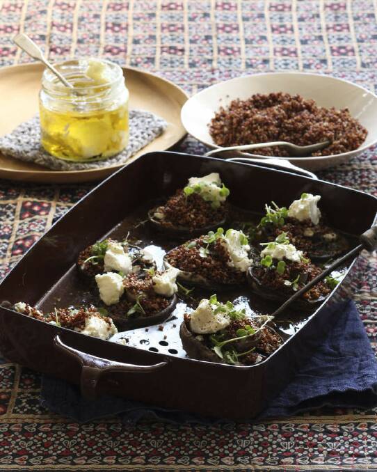 Caroline Velik's baked portabello mushrooms topped with quinoa and feta <a href=" http://www.goodfood.com.au/good-food/cook/recipe/baked-portobello-mushrooms-topped-with-quinoa-feta-and-micro-herbs-20121123-29tzr.html"><b>(RECIPE HERE)</b></a>. Photo: Marina Oliphant