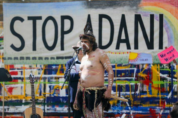STANDARD, NEWS, ADANI PROTEST, 171007. Pictured: Brett Clarke speaking on stage as a part of the Adani protest. Picture: Morgan Hancock
Taken at?? Civic Green,?? Warrnambool, Vic