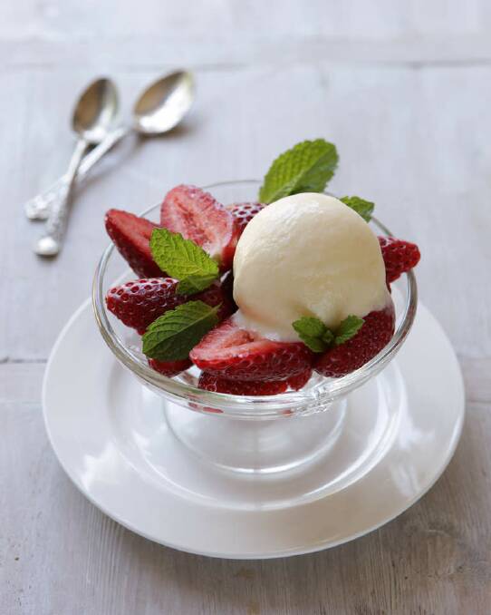 Jill Dupleix's mascarpone ice-cream with strawberries <a href="http://www.goodfood.com.au/good-food/cook/recipe/mascarpone-icecream-with-strawberries-20111018-29wt5.html"><b>(RECIPE HERE).</b></a> Photo: Marina Oliphant (Styling by Caro