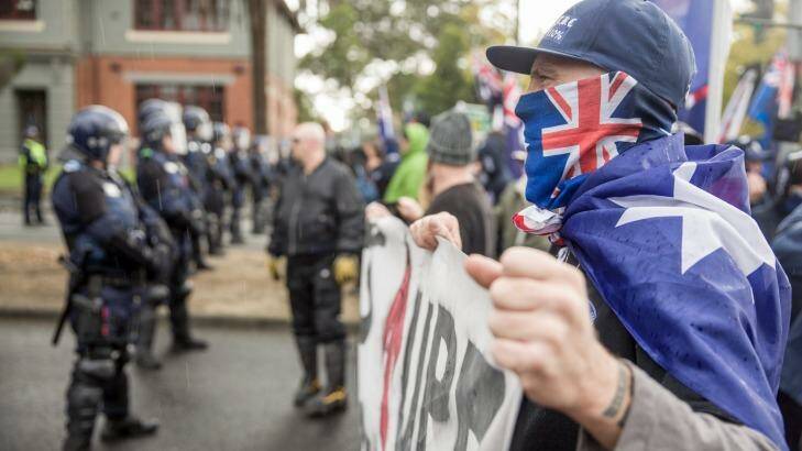 Protesters from rival anti-racism and anti-Islam groups face off in Coburg in May. Photo: Mathew Lynn