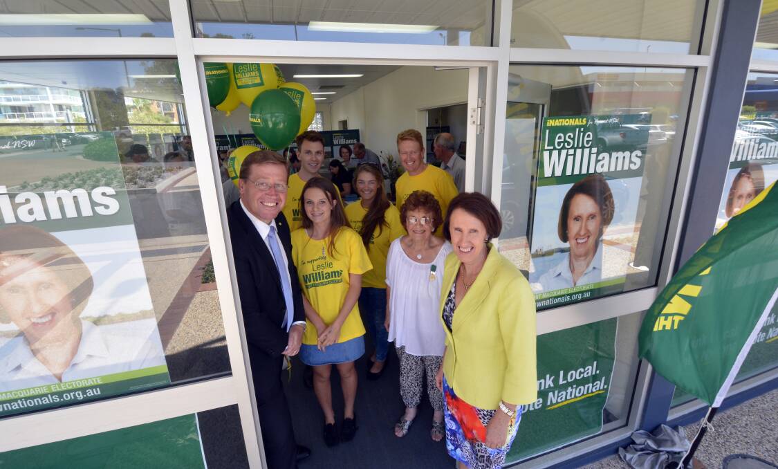 Campaign focus: Deputy Premier and NSW Nationals leader Troy Grant, and Port Macquarie MP Leslie Williams, with supporters (front) Maddison Parker and Sheila Whitaker and (back) Will Barlow, Bree Frederick and Bruce Thompson.