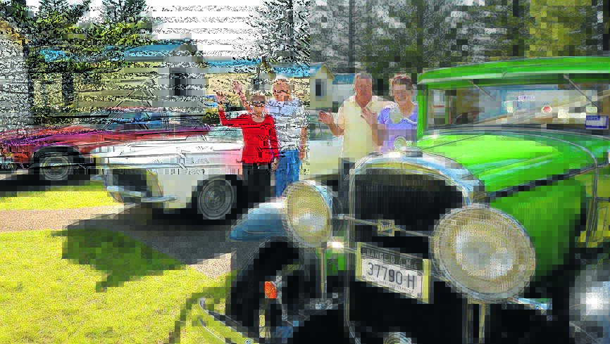 Broom, broom: Linda Hall and Laurene Forster with their 1978 and 1965 Buick Riviera's and Keith and Nancy Packham with their 1930 Buick Coupe will join about 45 other vintage Buick owners in Port Macquarie on the weekend.