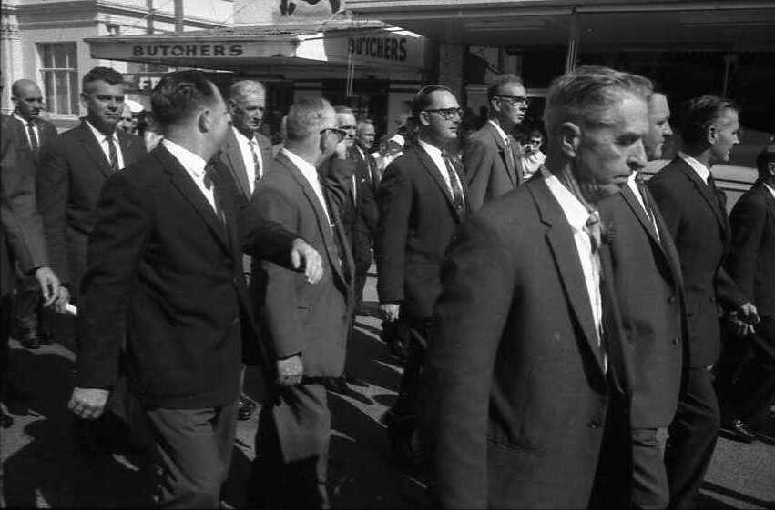 And they marched: The 1964 Anzac Day march along Horton Street.