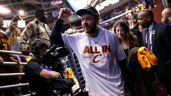 Heading to the finals: Matthew Dellavedova celebrates after Cleveland Cavaliers defeated the Atlanta Hawks during Game Four of the Eastern Conference Finals. Photo: Gregory Shamus