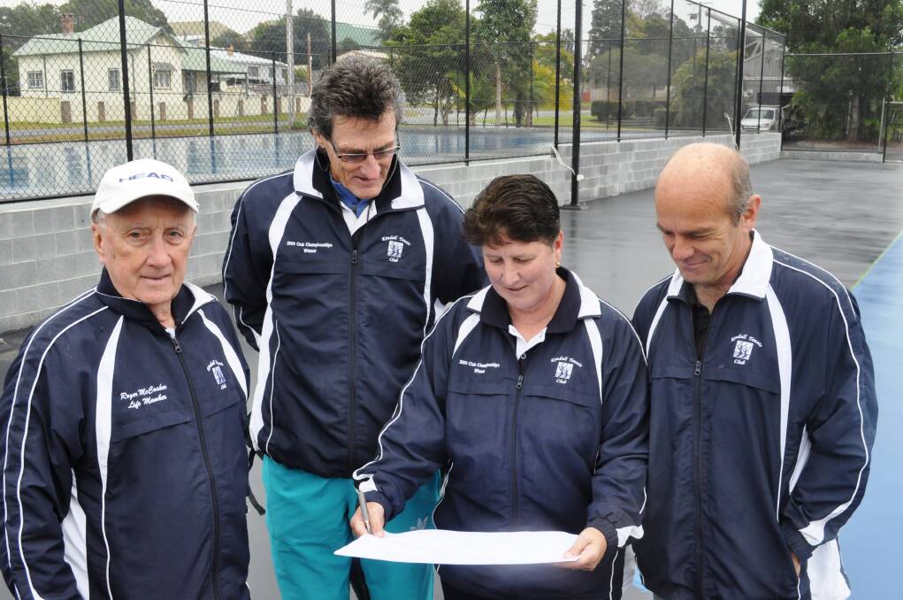 Ready for an ace opening: Roger McCosker, John Manderson, Wendy Hudson and Phil Robinson review completion plans for the three new tennis courts in Kendall.