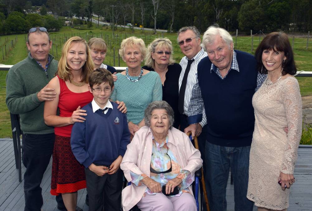 Family affair: 91-year-old Irene Turner (front) with Daniel, Nicole, Sophie and Dylan Gillan, Grace Aldis, Shelley and Mark Turner and husband Denis Turner and Julie State.