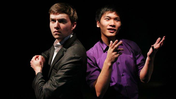 Daniel Full (left) and Adrian Sit perform a scene from their HSC drama piece. Photo: Lisa Maree Williams/Getty Images