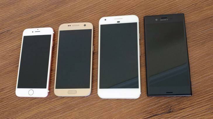 The XZ doesn't look like other 2016 phones. From left: the iPhone 7, Galaxy S7, Pixel XL and Xperia XZ. Photo: Tim Biggs