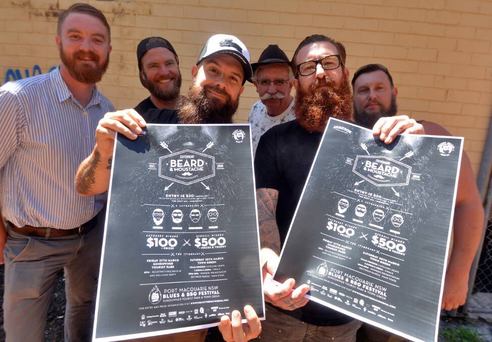Step up: Ben Cooper, Jimbo the Barber, Joe Mouque, Nigel McNeil, Ash Benson and the Bearded Baron will be competing in the inaugural Cutthroat Beard and Moustache Championship at Saturday's Blues and BBQ Festival. Pic: MATT ATTARD