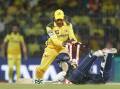 Titans' David Miller survived this close call with MS Dhoni but Chennai dominated their IPL clash. (AP PHOTO)