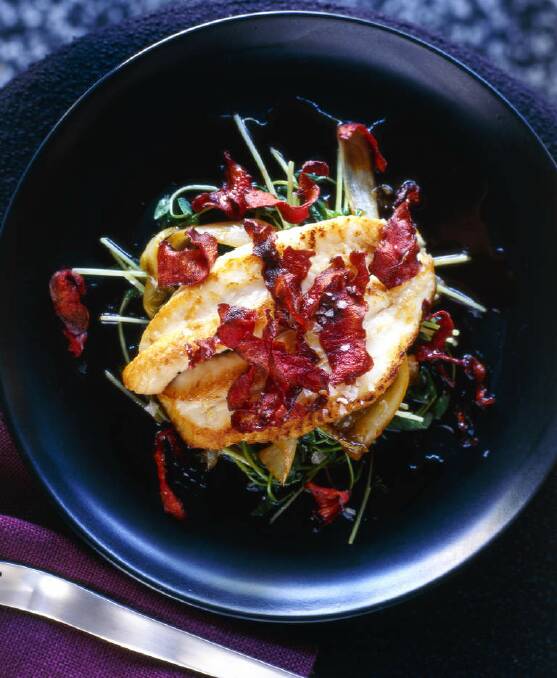 John dory with caramelised witlof and beetroot "rose petals"  <a href="http://www.goodfood.com.au/good-food/cook/recipe/john-dory-with-caramelised-witlof-and-beetroot-rose-petals-20140106-30cpz.html?aggregate=518712"><b>(recipe here).</b></a> Photo: Anson Smart