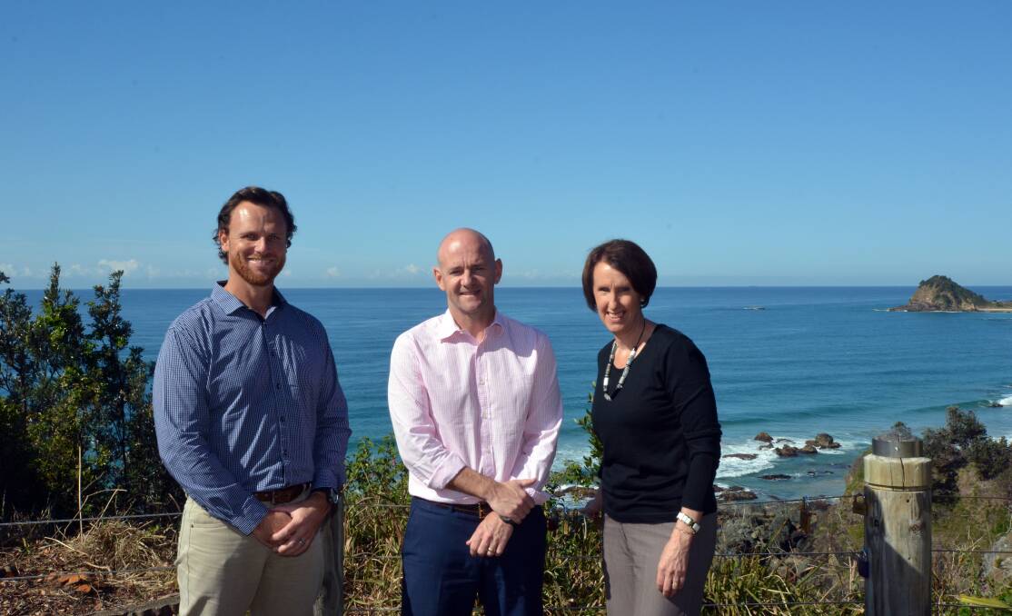 Exciting project: Department of Primary Industries fisheries enhancement program manager Heath Folpp, Minister for Primary Industries Niall Blair and Port Macquarie MP Leslie Williams look forward to the next step in the artificial reef process.