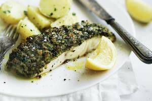 Neil Perry's roast snapper with a herb crust. Photo: William Meppem