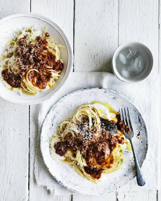 TOMATO: Adam Liaw's lasagne spaghetti. <a href="http://www.goodfood.com.au/good-food/cook/recipe/lasagne-spaghetti-20151103-45lrc.html"><b>(Recipe here).</b></a>
