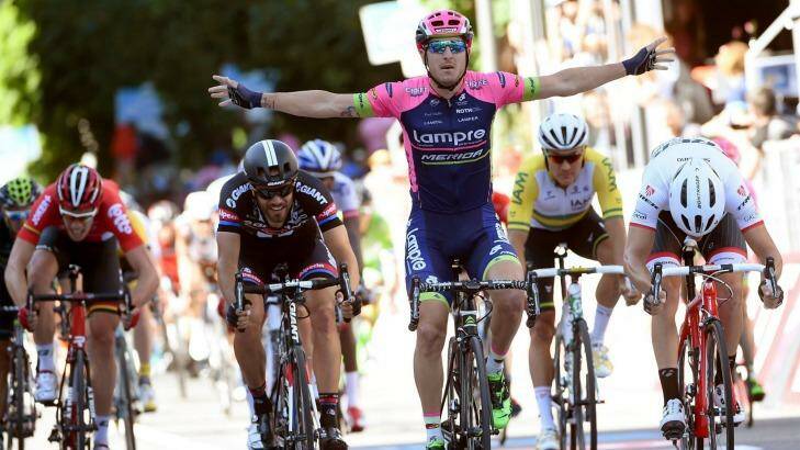 Italy's Sacha Modolo celebrates as he crosses the finish line to win the 17th stage of the Giro d'Italia. Photo: Daniel Dal Zennaro