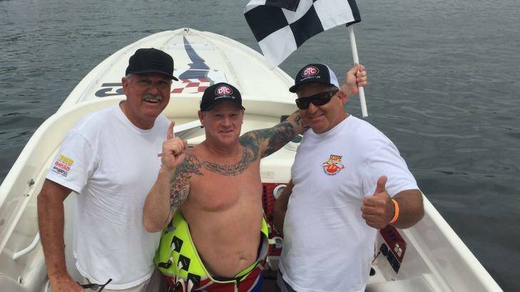 Kevin Vahtrik, centre, celebrates winning his class in the 67th Catalina Water Ski Race. Photo: Supplied