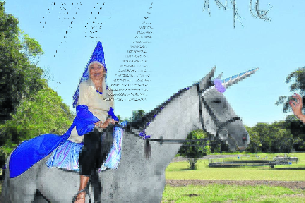 Top ride M'Lady: Brenda Gaved-Lorenzo takes her dream ride astride a "unicorn" for her 85th birthday celebration. PIc: Nigel McNeil
