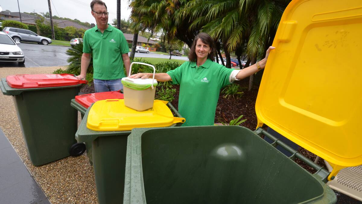 Councillors Rob Turner and Sharon Griffiths showing off the new bin choices.