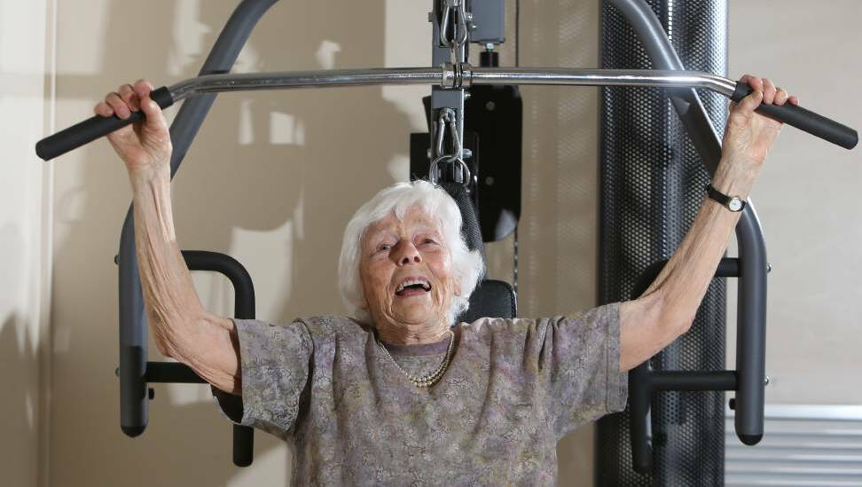 PUMPING IRON: Jean Speirs gets down to work in the allied health gym at St John of God Bendigo Hospital. Photo: GLENN DANIELS