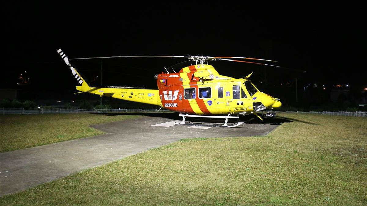 The Westpac chopper at Port Macquarie Base Hospital on Saturday night. Pic: Ivan Sajko