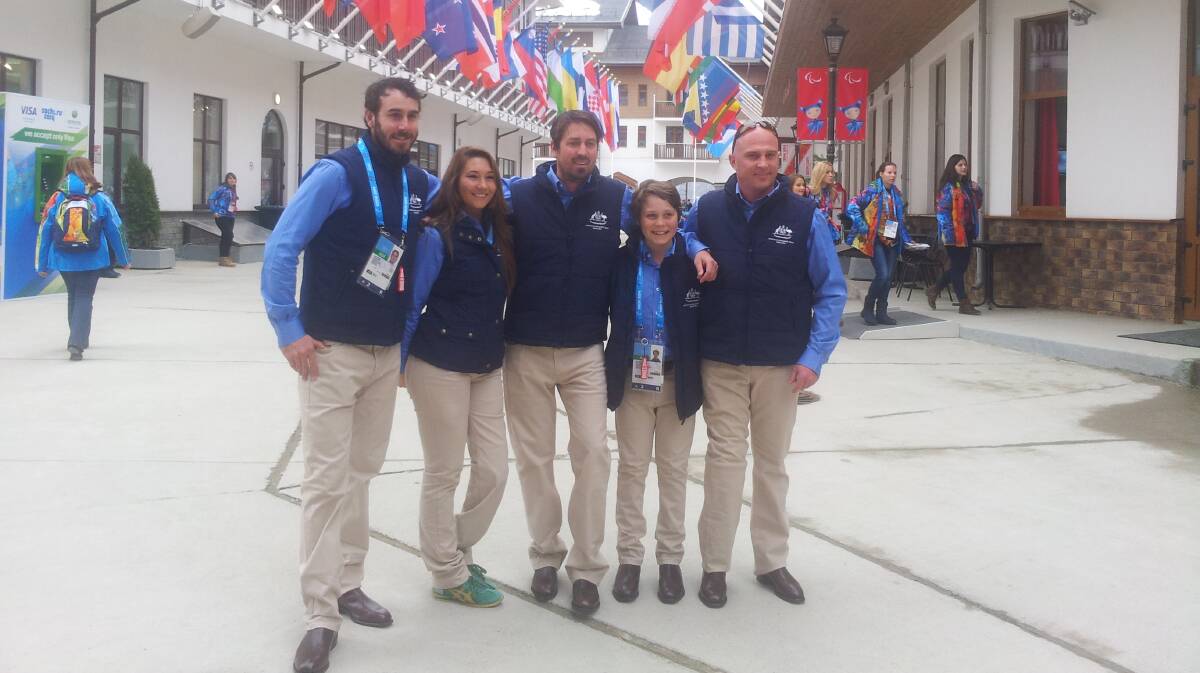 Trent Milton, far right, pictured at Sochi with, from right, team physio Joel Cook, snowboarder Joany Badenhorst and coach Peter Higgins.