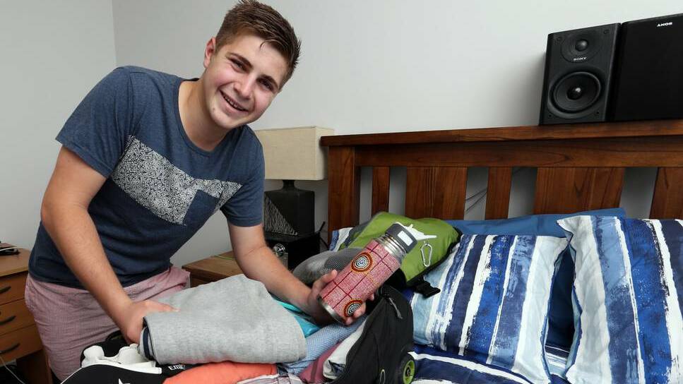 Mason Collins, 18, has packed his bags and is heading to Yuendumu for his schoolies trip instead of the usual trip to the Gold Coast. Picture: PETER MERKESTEYN