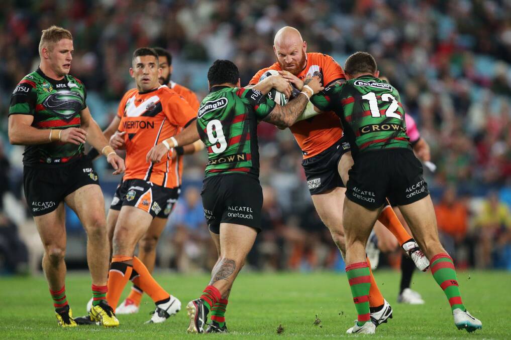 Keith Galloway takes one up for Wests Tigers against the South Sydney Rabbitohs.
