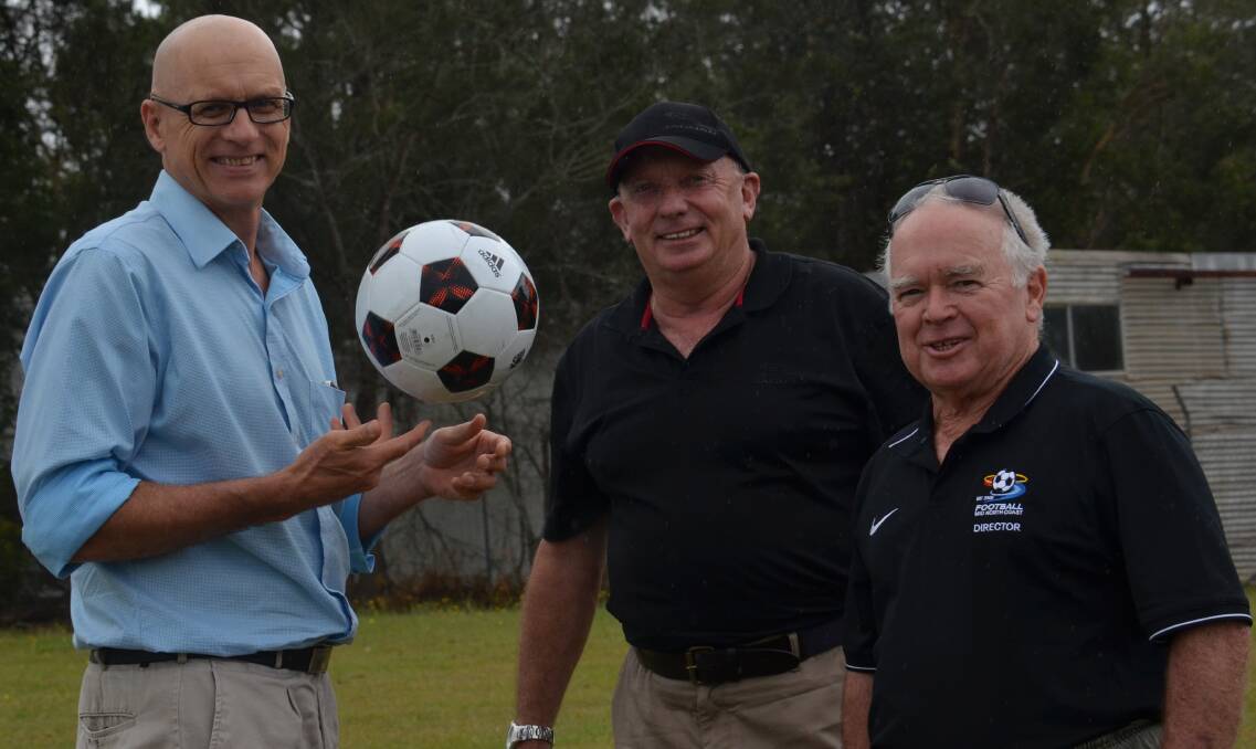 Looking forward: Peter Daniels with Mike Parson and Graham Pilkie from Football Mid- North Coast.
