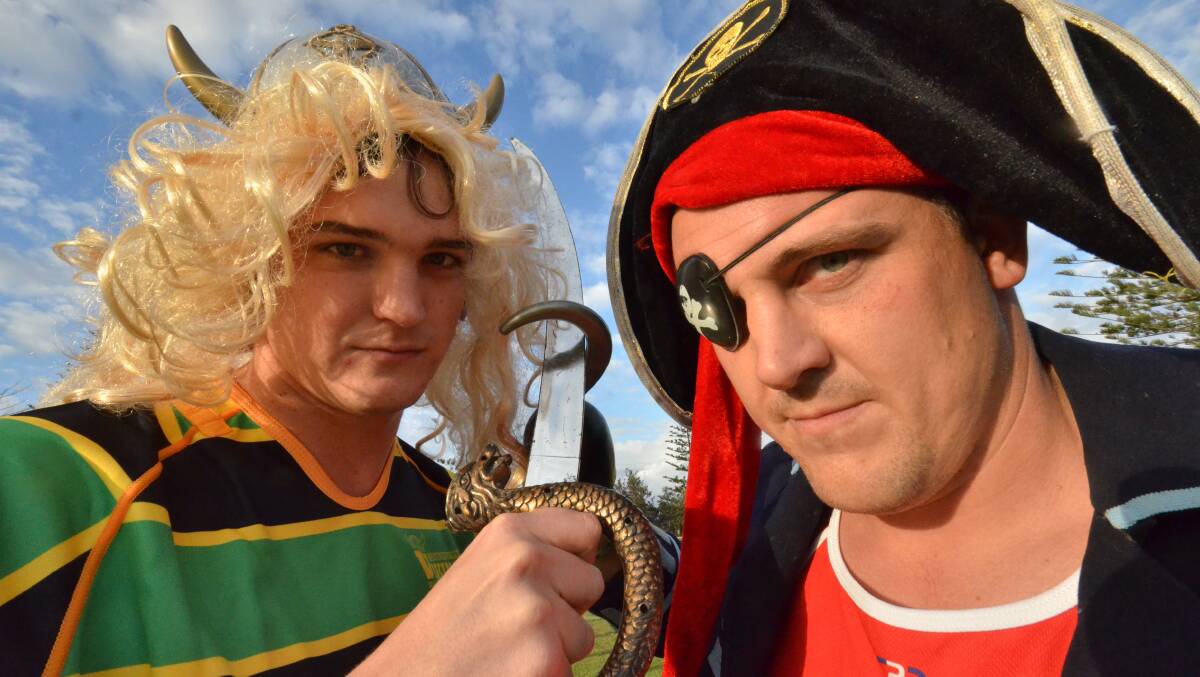 Playing up for the camera: Ben Pursell from the Hastings Valley Vikings and Tim Farnsworth get into the spirits of the cross town derby.