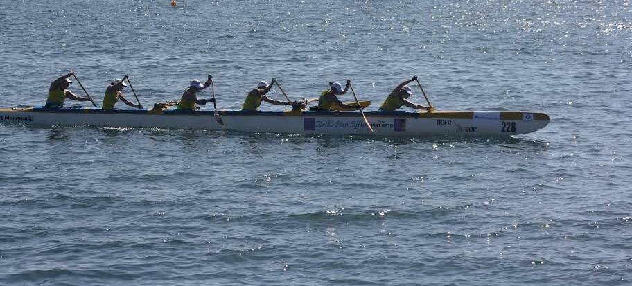 Hard work: Powering across the line to win the short course women's outrigger event on Sunday were Sue Blackmore (front), Fiona Baker, Karen Newman, Derelle Douglass, Kerry Owens and Kim Roberts.